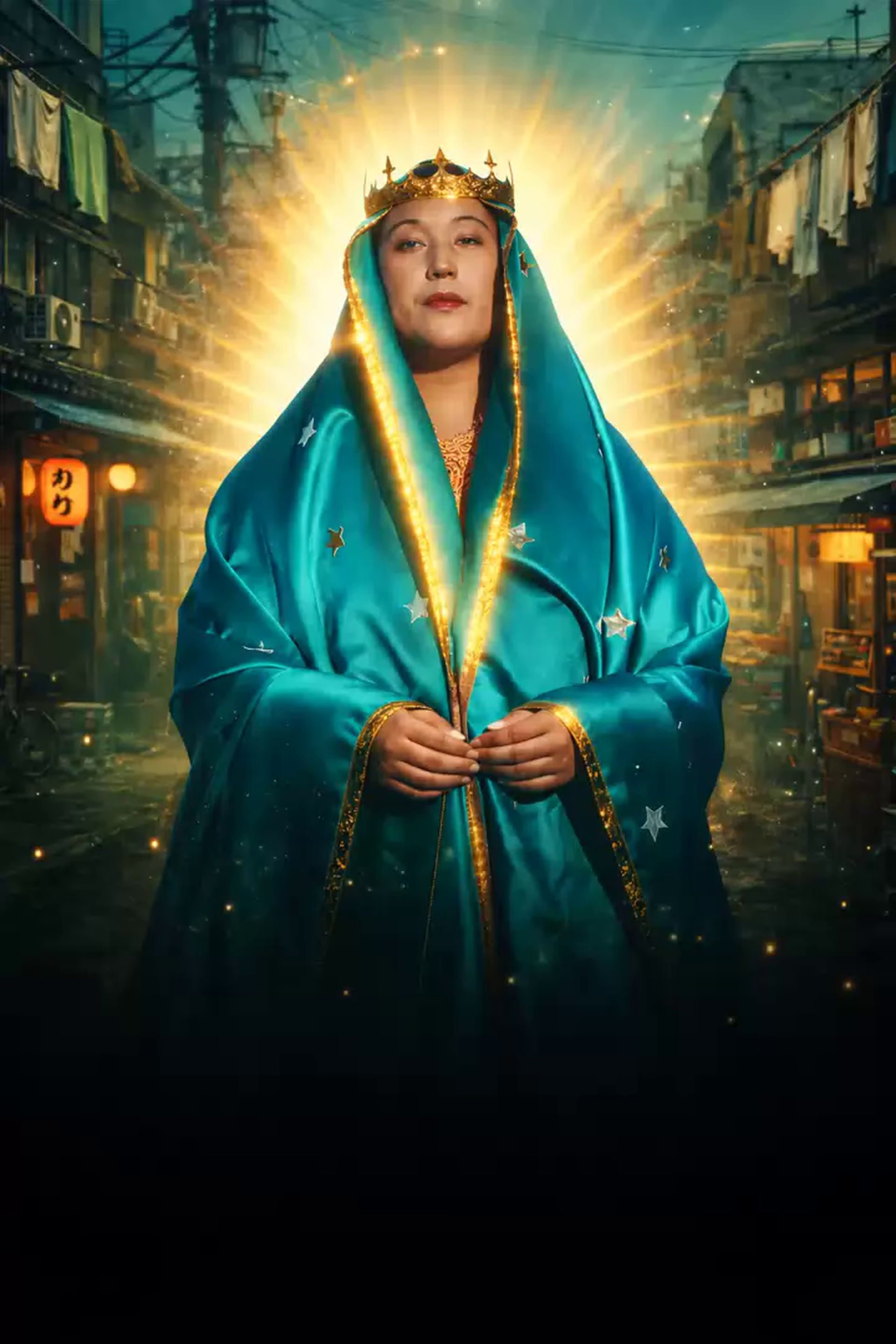 Apparition — the Virgin Mary stands in a Tokyo alley, glowing halo, teal robe